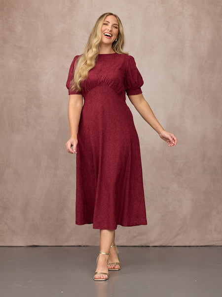 Rachel Puff Sleeve Jacquard Dress - Maroon Red