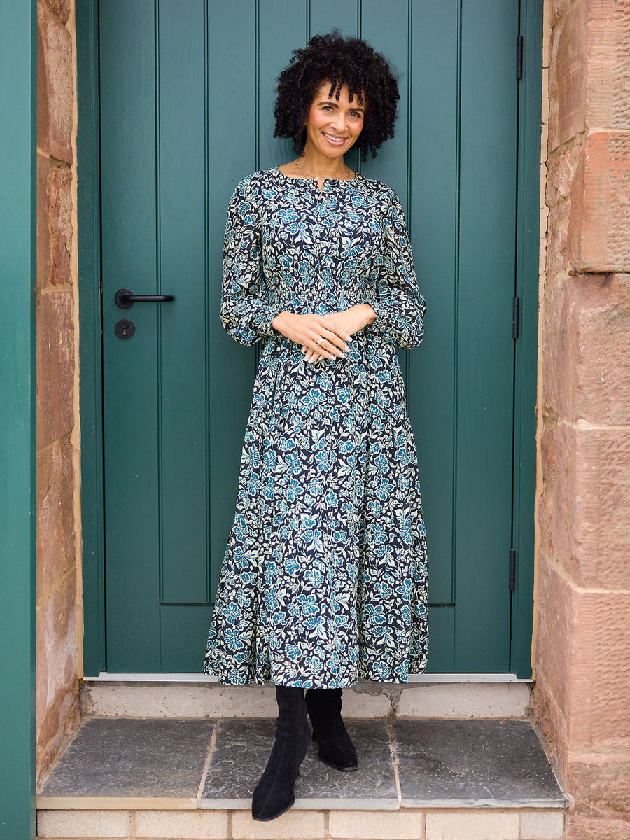 Eleanor Tiered Skirt Dress - Black & Teal Floral Print