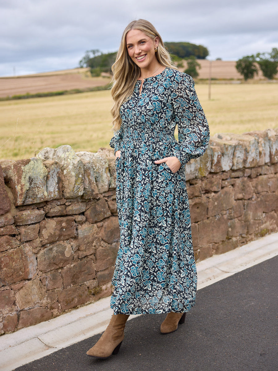 Eleanor Tiered Skirt Dress - Black & Teal Floral Print