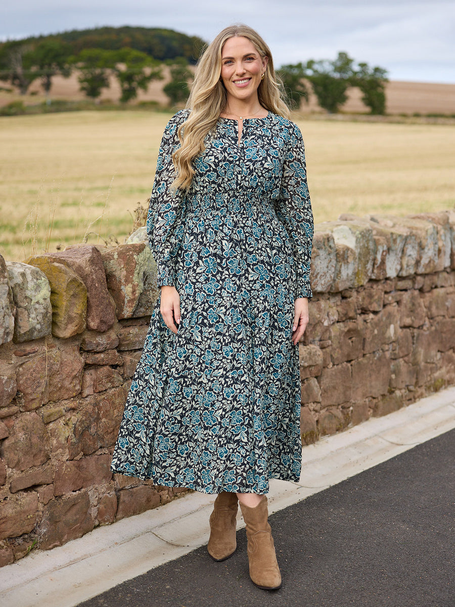 Eleanor Tiered Skirt Dress - Black & Teal Floral Print
