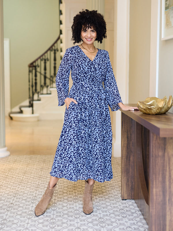 Dora Wrap Front Dress - Navy Dispersed Print