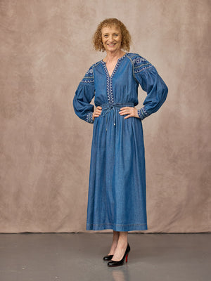 Dolly Embroidered Denim Dress - Blue