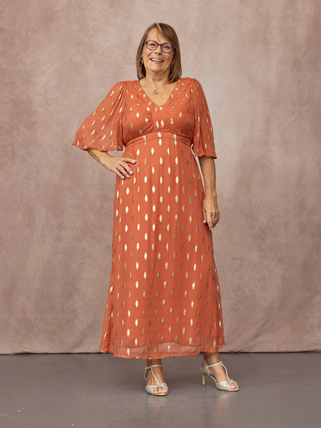 Helena Elbow Length Sleeve Lurex Dress - Cinnamon & Gold