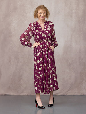 Libby Long Sleeve Floral Lurex Dress - Plum & Gold