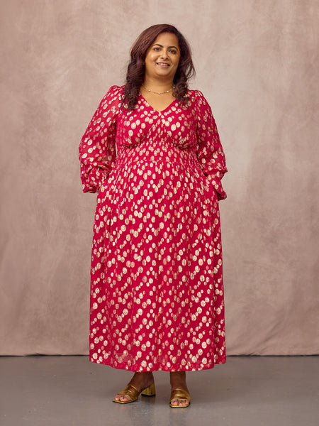 Maddie Long Sleeve Lurex Dress - Hot Pink & Gold