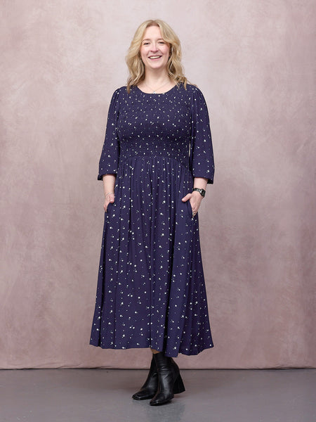 Jenny Shirred Bodice Dress - Navy Ditsy Star Print