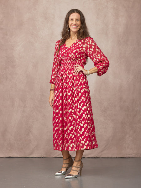Maddie Long Sleeve Lurex Dress - Hot Pink & Gold