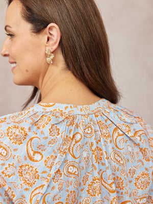 Niya Button-Through Blouse - Light Blue & Orange Paisley Print