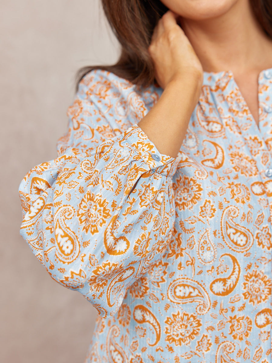Niya Button-Through Blouse - Light Blue & Orange Paisley Print