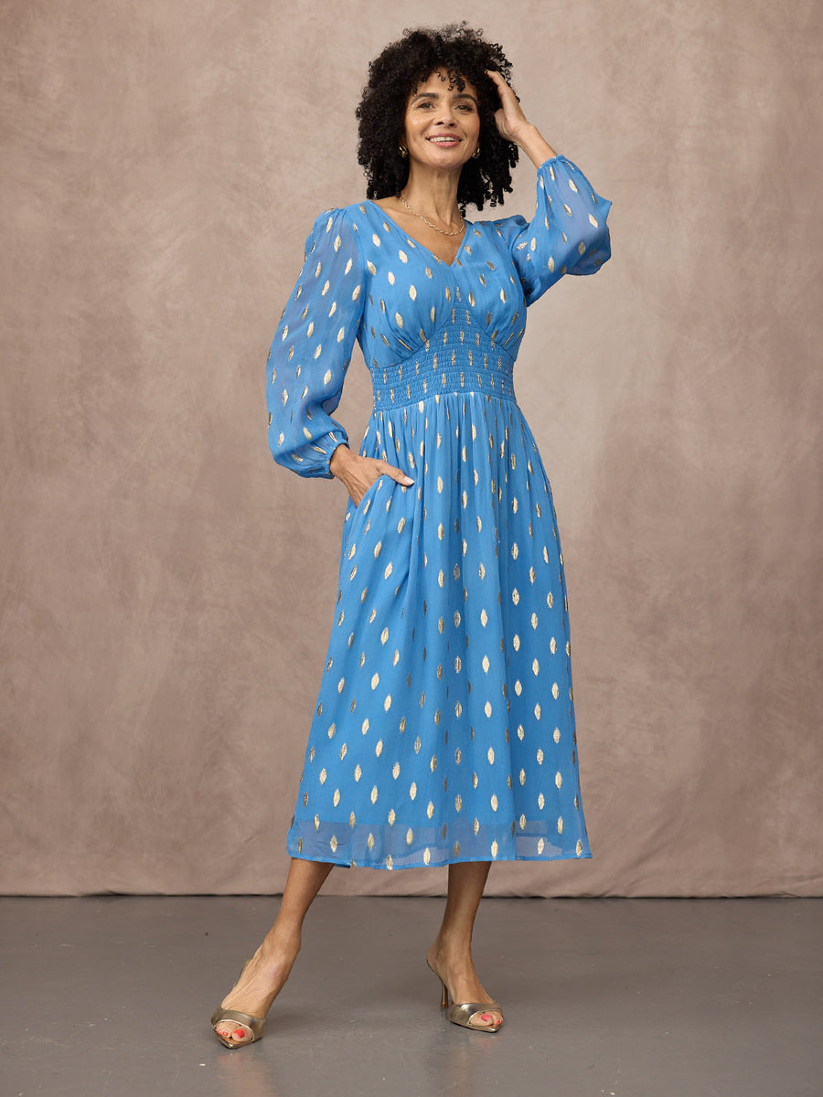 Maddie Long Sleeve Lurex Dress - Blue