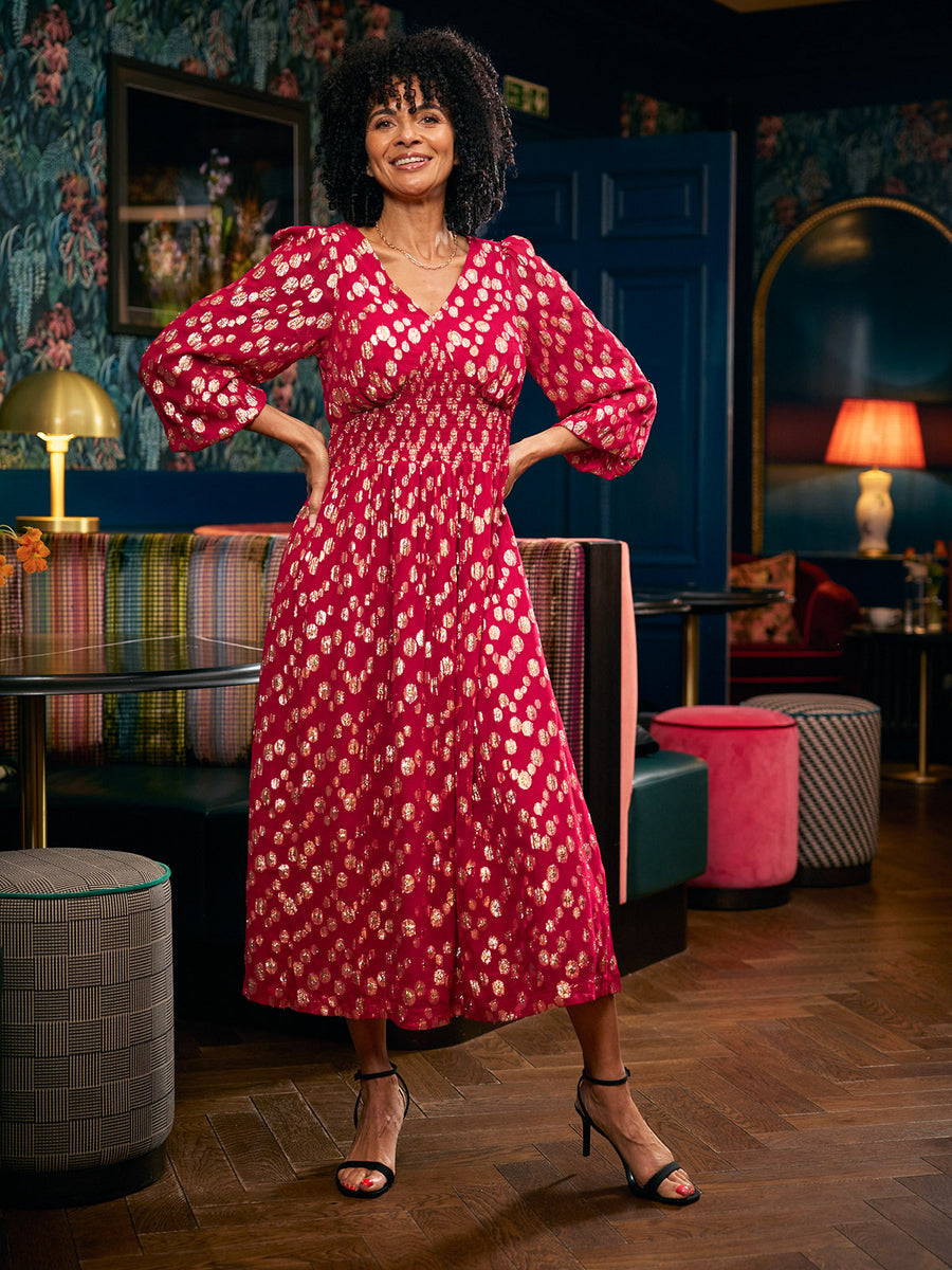 Maddie Long Sleeve Lurex Dress - Hot Pink & Gold
