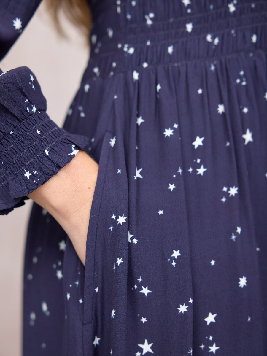 Jenny Shirred Bodice Dress - Navy Ditsy Star Print