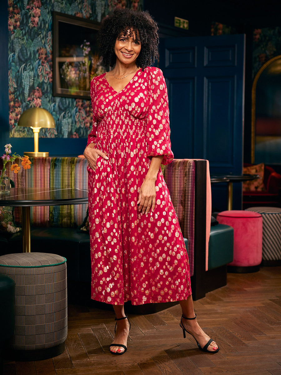 Maddie Long Sleeve Lurex Dress - Hot Pink & Gold