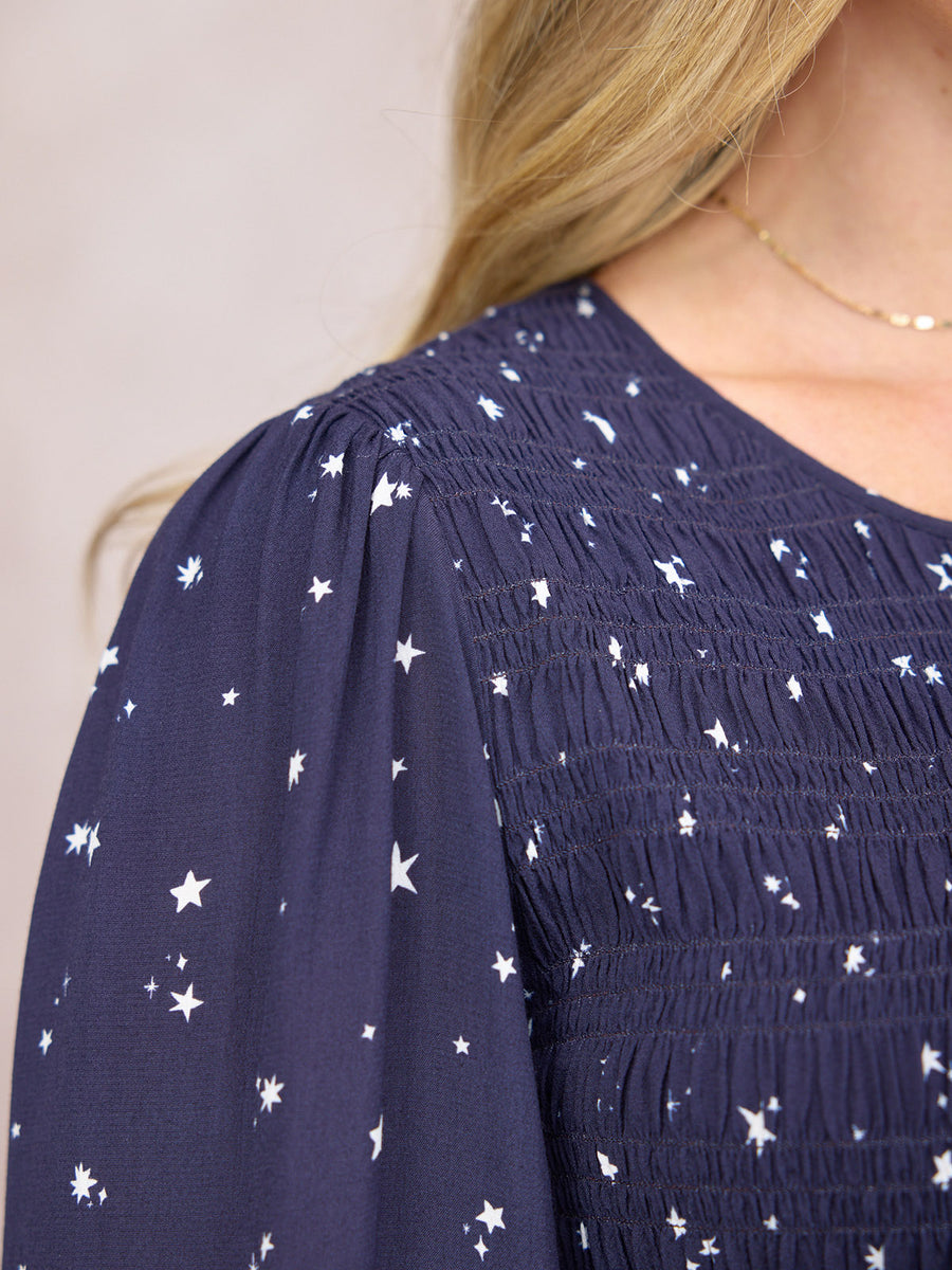 Jenny Shirred Bodice Dress - Navy Ditsy Star Print