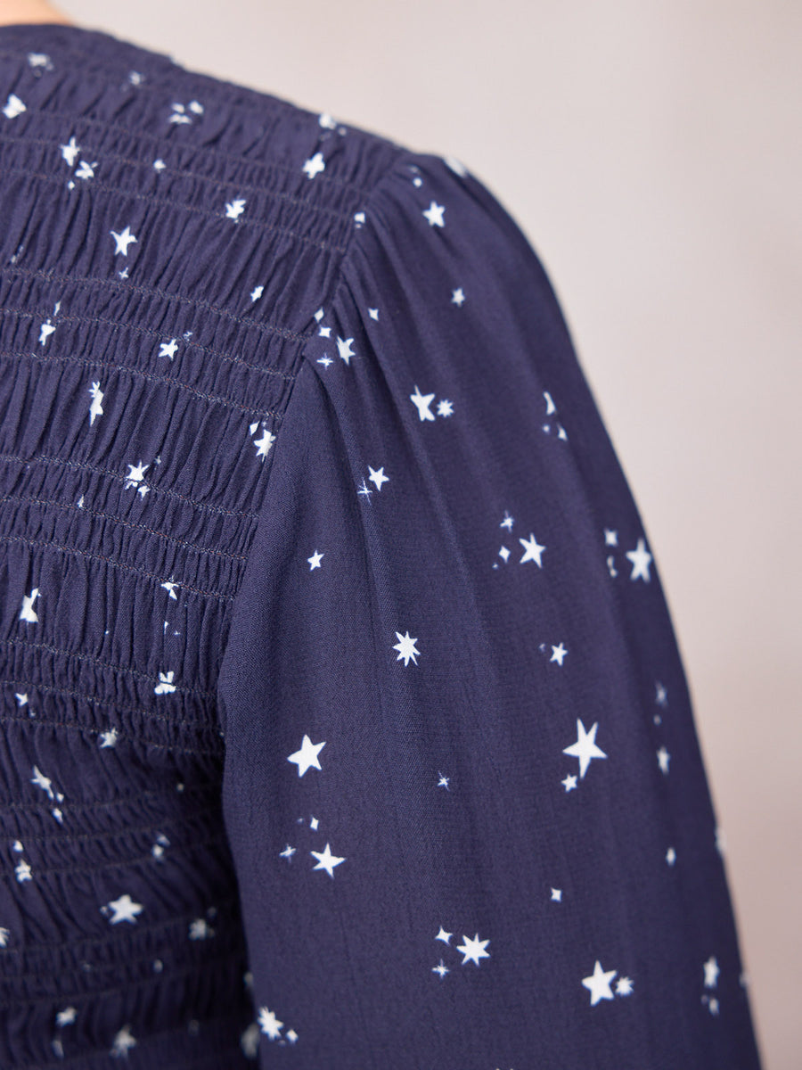 Jenny Shirred Bodice Dress - Navy Ditsy Star Print