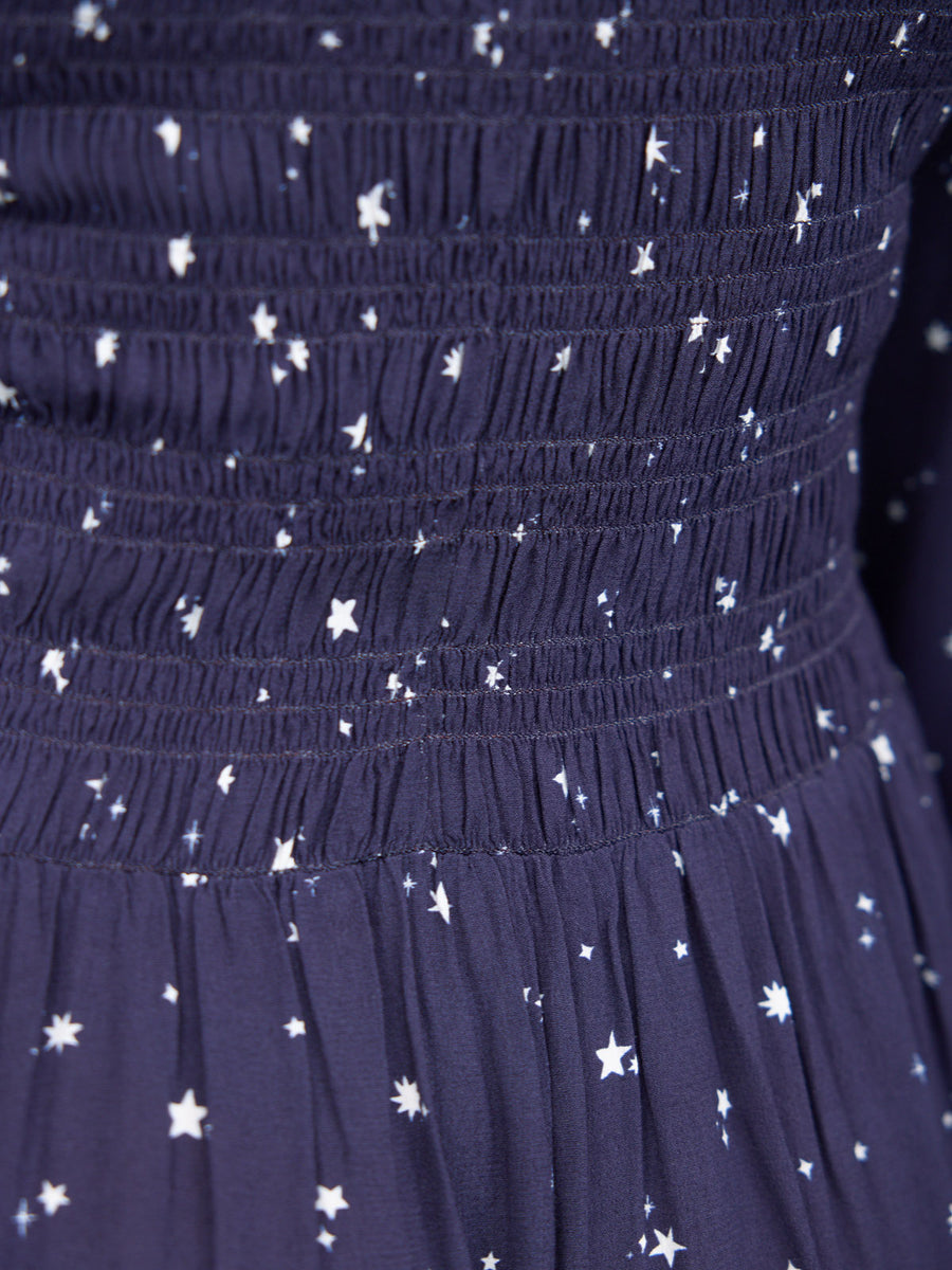 Jenny Shirred Bodice Dress - Navy Ditsy Star Print