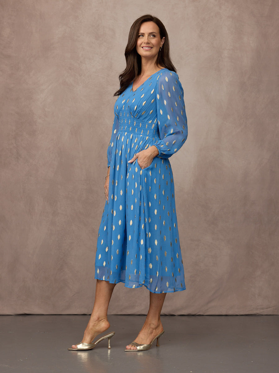 Maddie Long Sleeve Lurex Dress - Blue