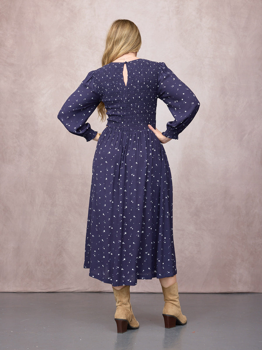 Jenny Shirred Bodice Dress - Navy Ditsy Star Print