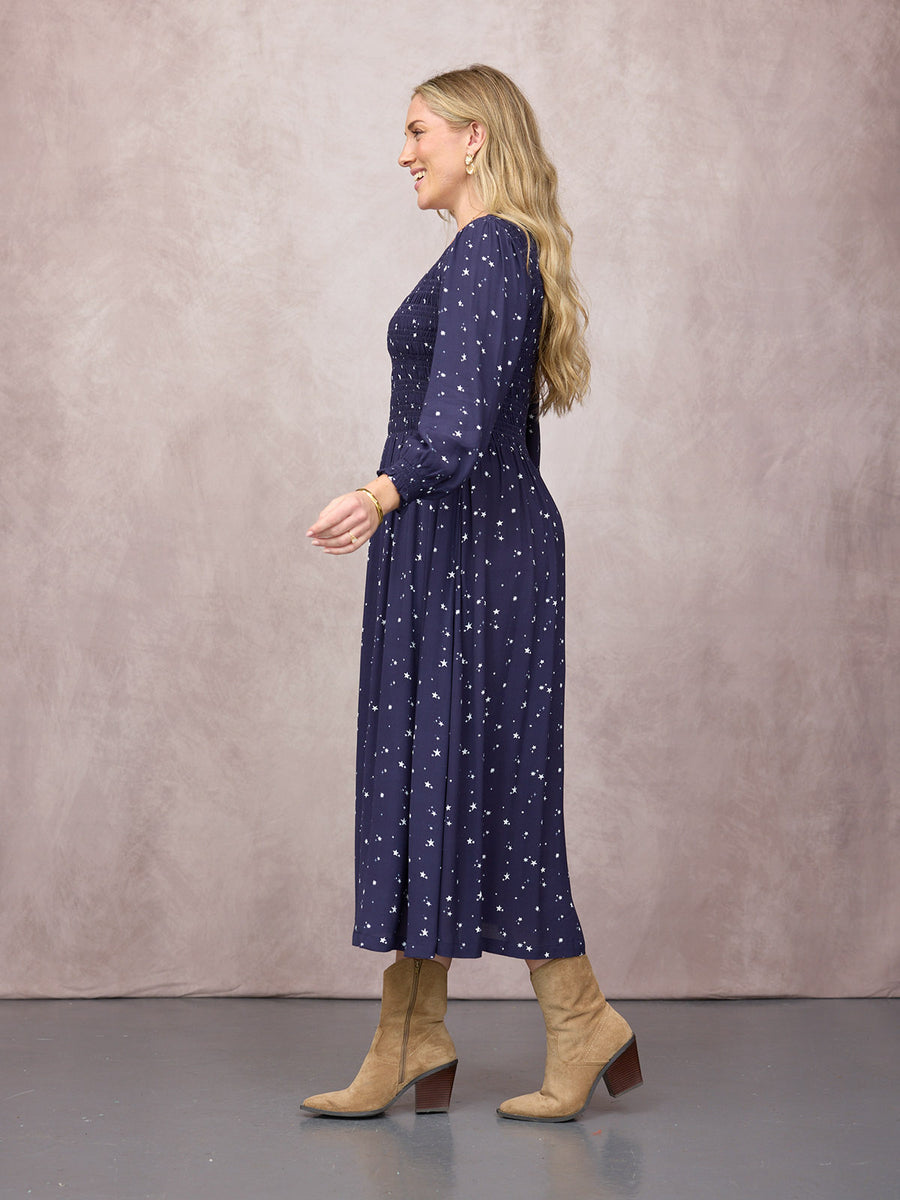 Jenny Shirred Bodice Dress - Navy Ditsy Star Print