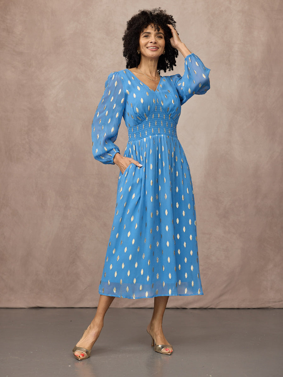 Maddie Long Sleeve Lurex Dress - Blue