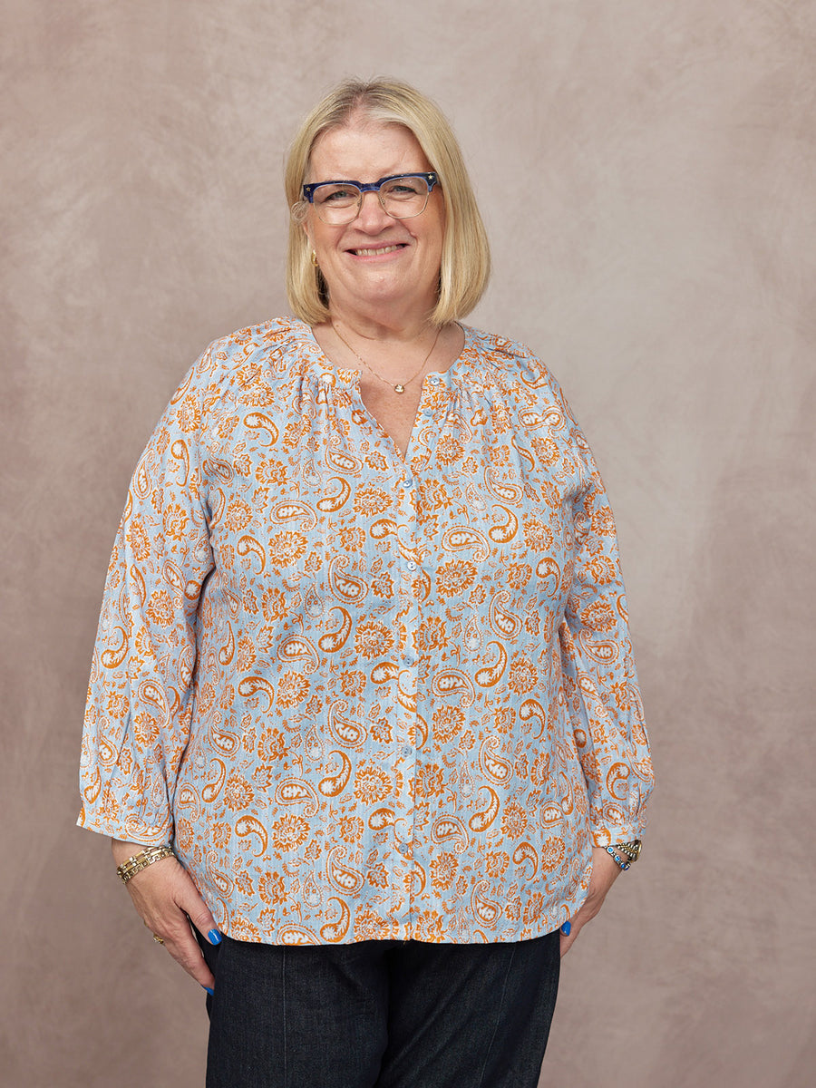 Niya Button-Through Blouse - Light Blue & Orange Paisley Print