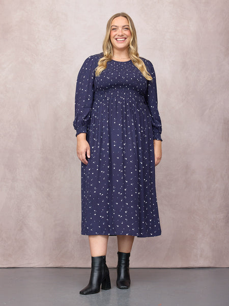 Jenny Shirred Bodice Dress - Navy Ditsy Star Print