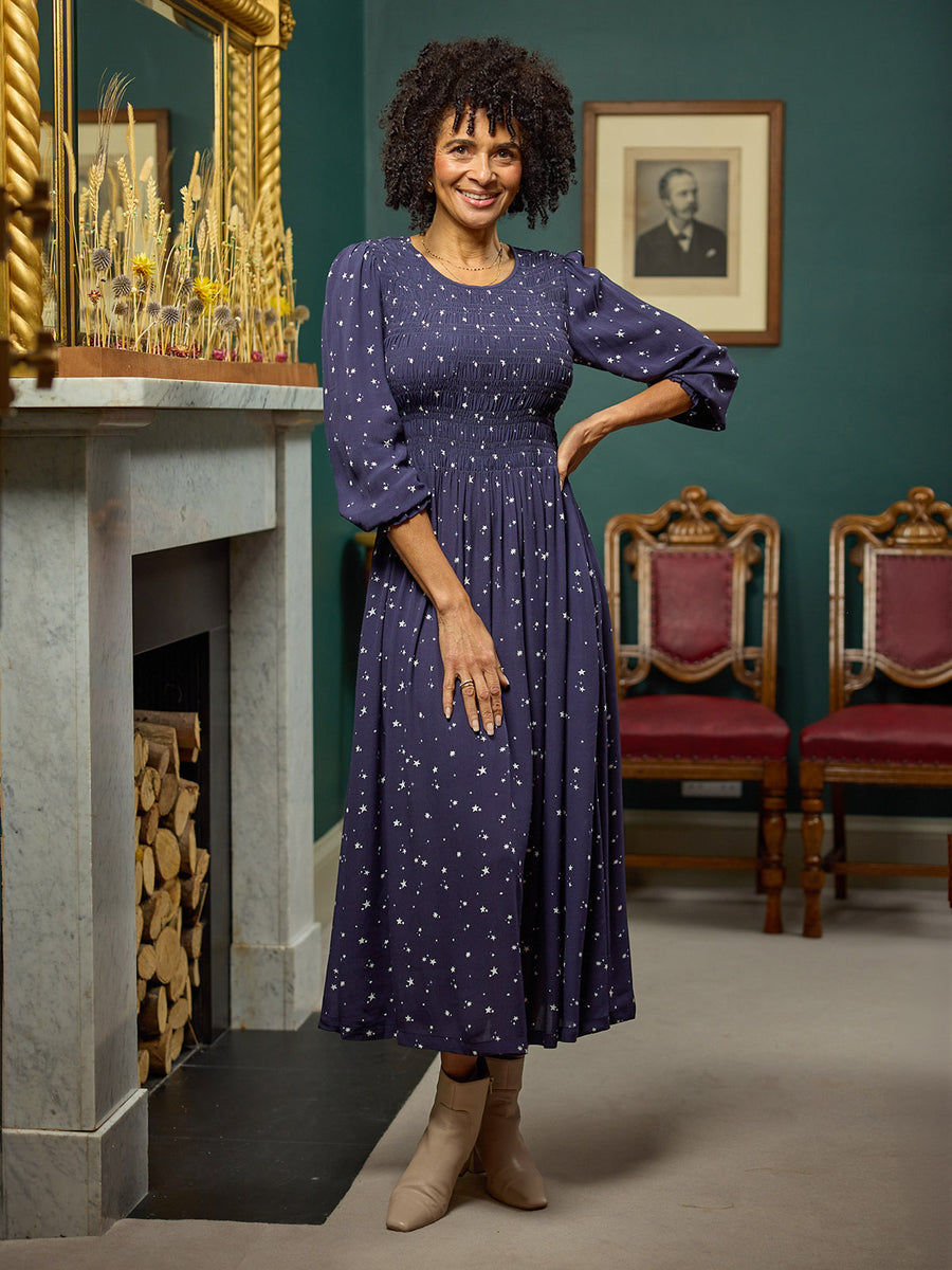 Jenny Shirred Bodice Dress - Navy Ditsy Star Print