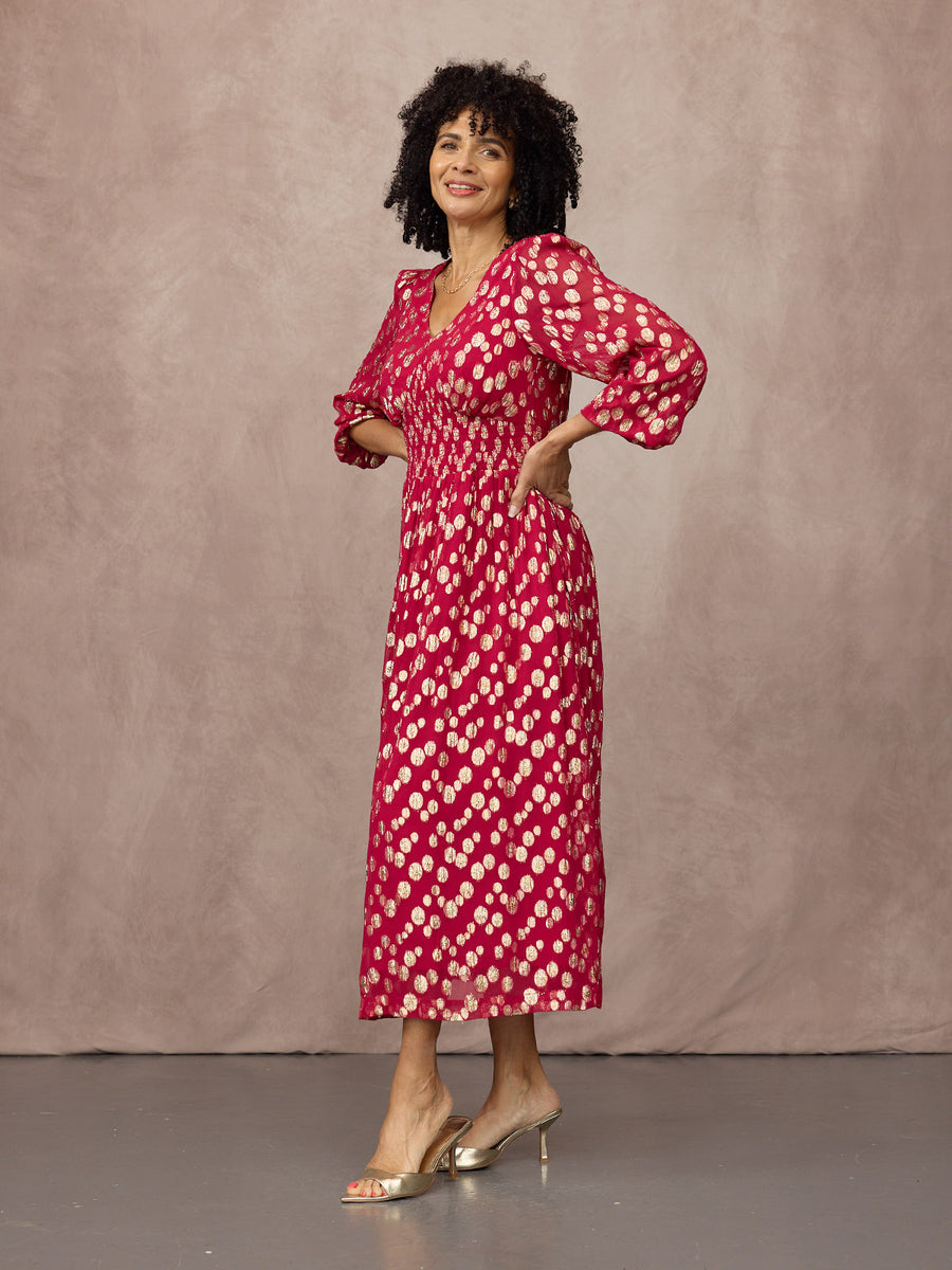 Maddie Long Sleeve Lurex Dress - Hot Pink & Gold