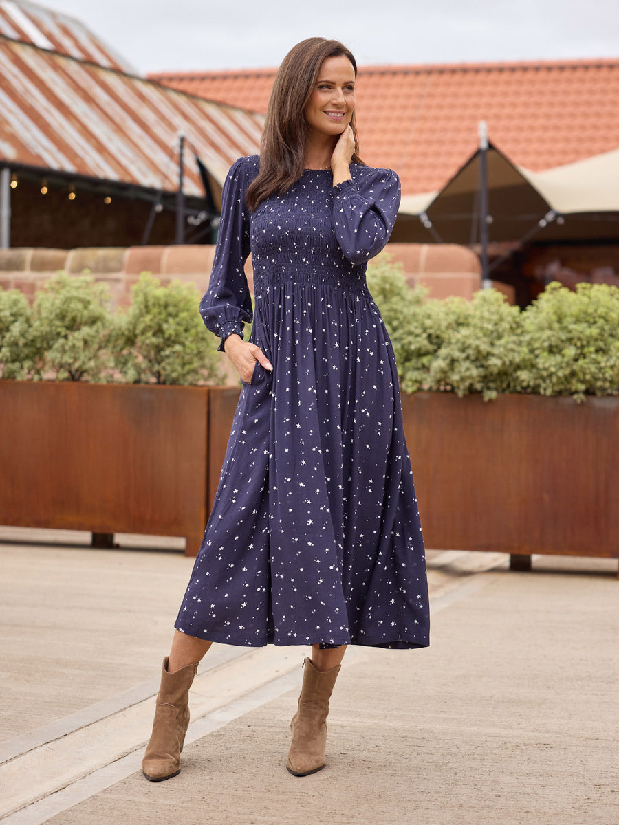 Jenny Shirred Bodice Dress - Navy Ditsy Star Print