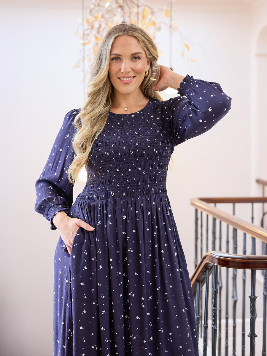 Jenny Shirred Bodice Dress - Navy Ditsy Star Print