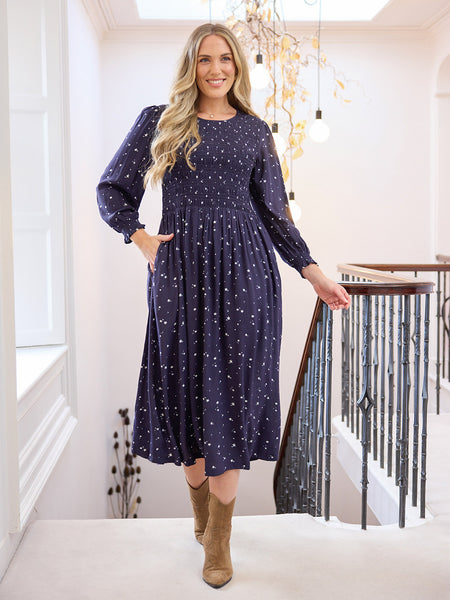Jenny Shirred Bodice Dress - Navy Ditsy Star Print