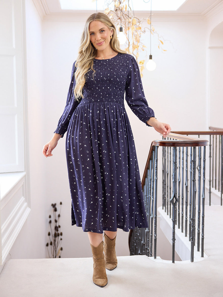 Jenny Shirred Bodice Dress - Navy Ditsy Star Print