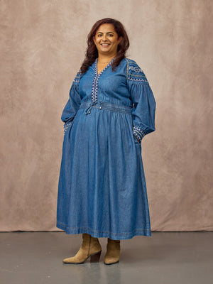 Dolly Embroidered Denim Dress - Blue