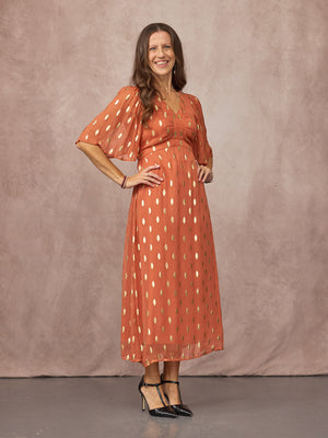 Helena Elbow Length Sleeve Lurex Dress - Cinnamon & Gold