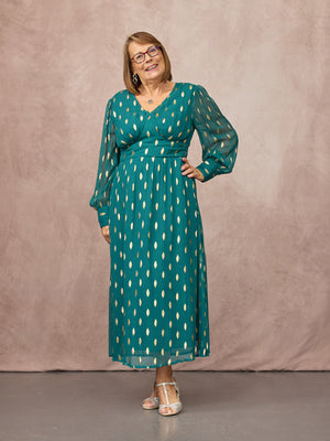 Loulou V-Neck Long Sleeve Lurex Dress - Teal & Gold