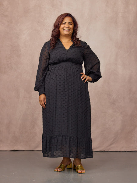 Jane Long Sleeve Georgette Spot Dress - Black