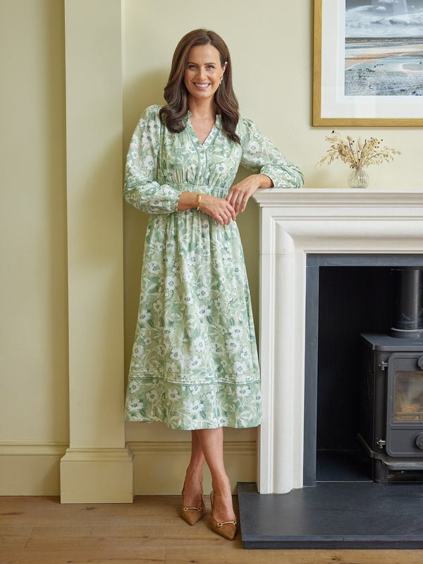 May Long Sleeve Shirred Neckline Dress - Green & White Watercolour Floral Print