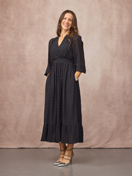 Jane Long Sleeve Georgette Spot Dress - Black