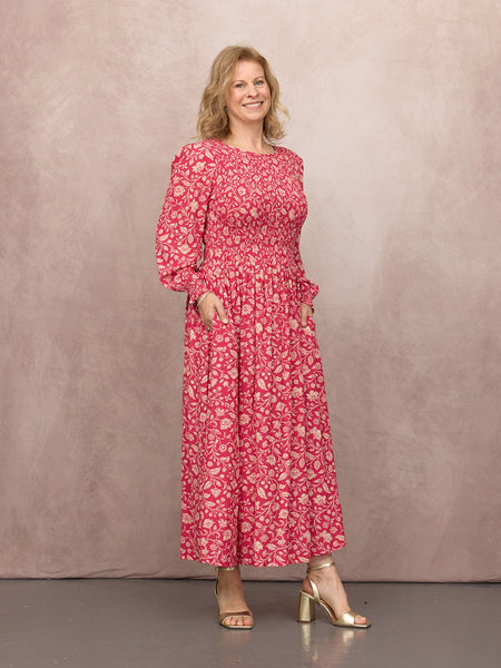 Jenny Shirred Bodice Dress - Pink Botanical Print