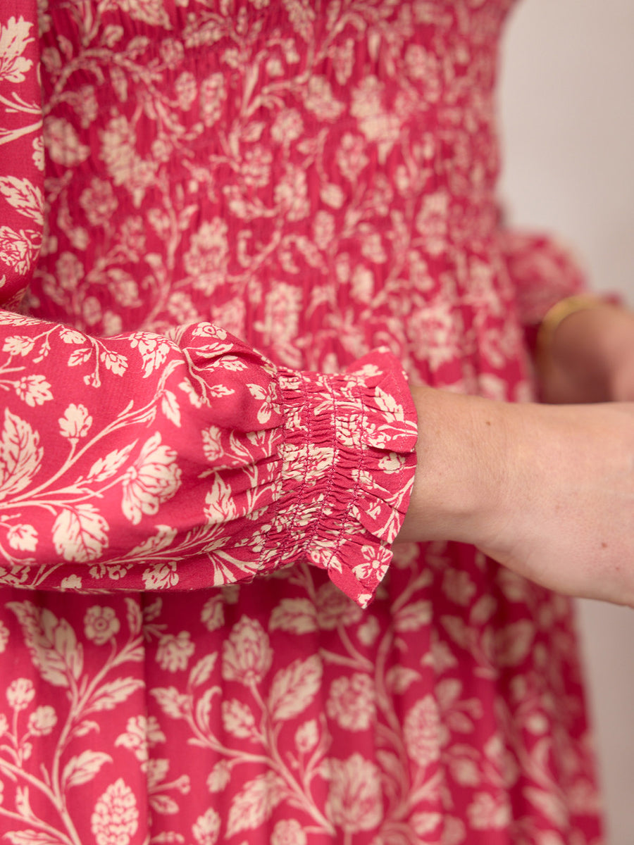 Jenny Shirred Bodice Dress - Pink Botanical Print