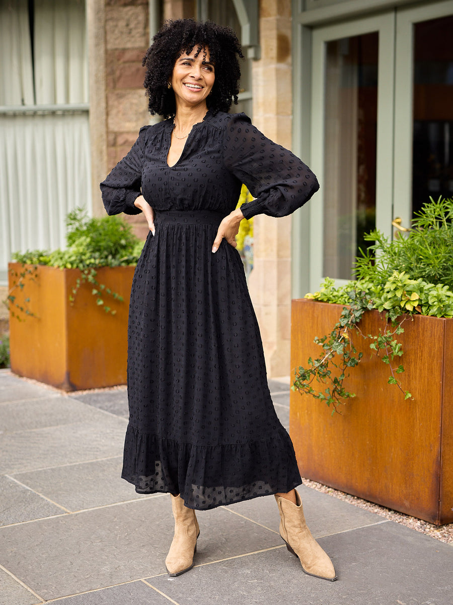 Jane Long Sleeve Georgette Spot Dress - Black