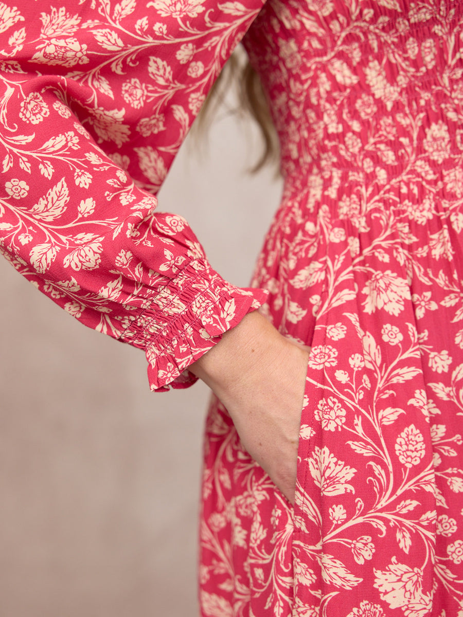 Jenny Shirred Bodice Dress - Pink Botanical Print
