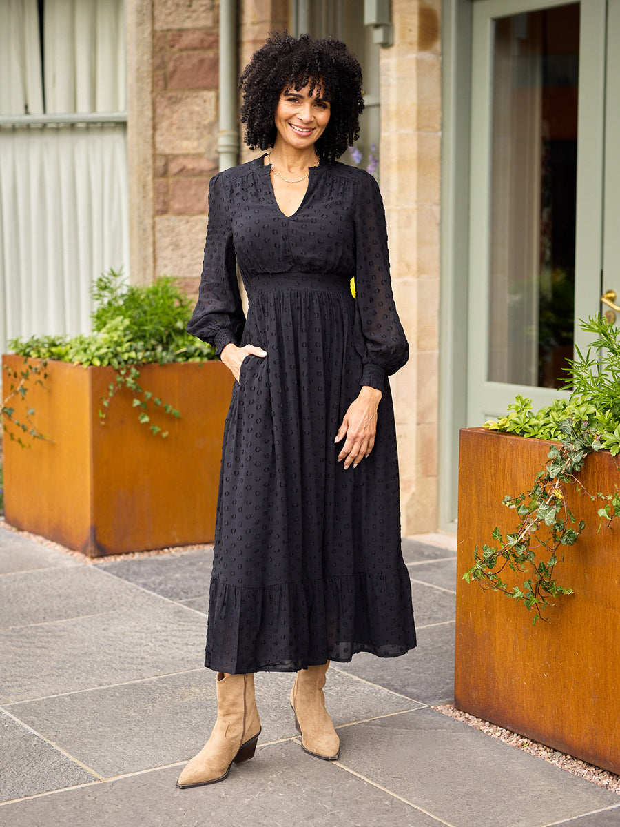 Jane Long Sleeve Georgette Spot Dress - Black