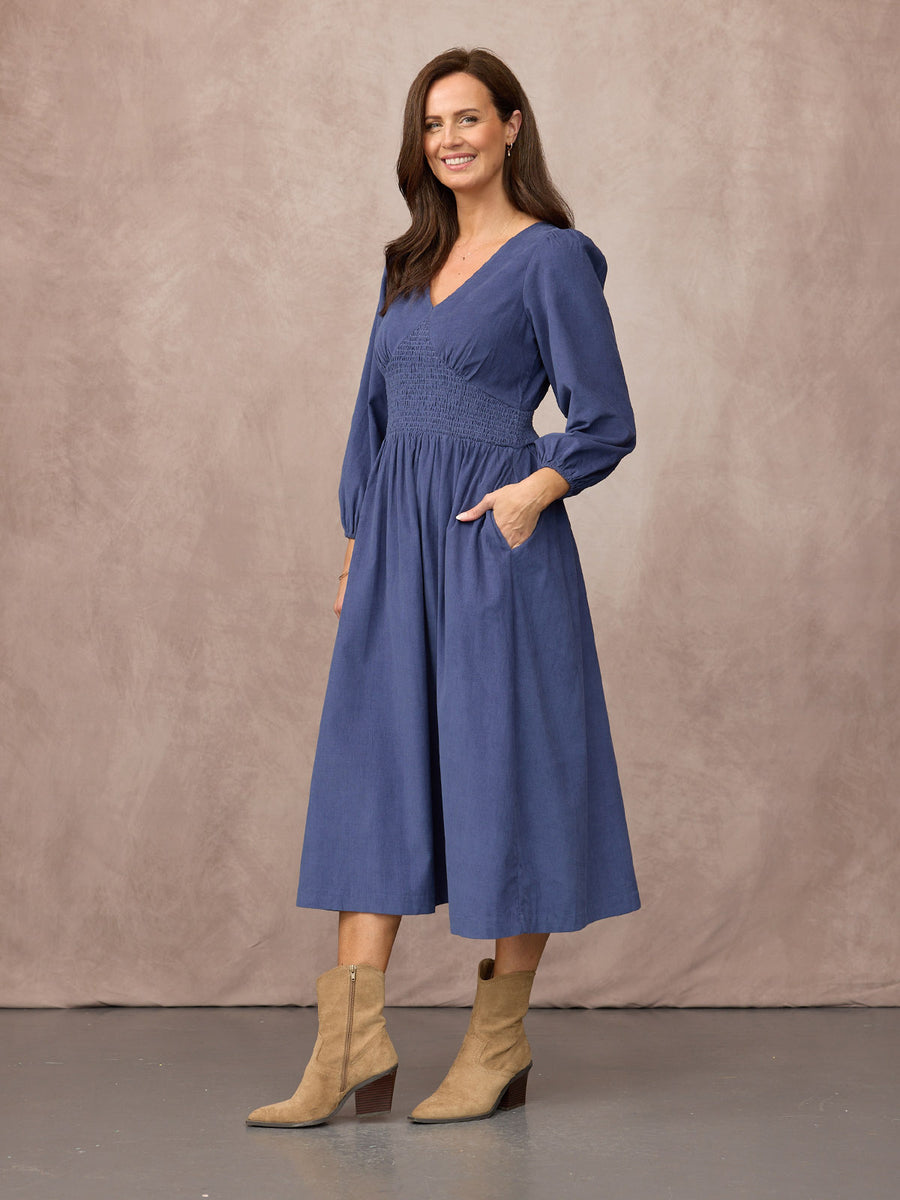 Maddie Long Sleeve Cord Dress - Blue