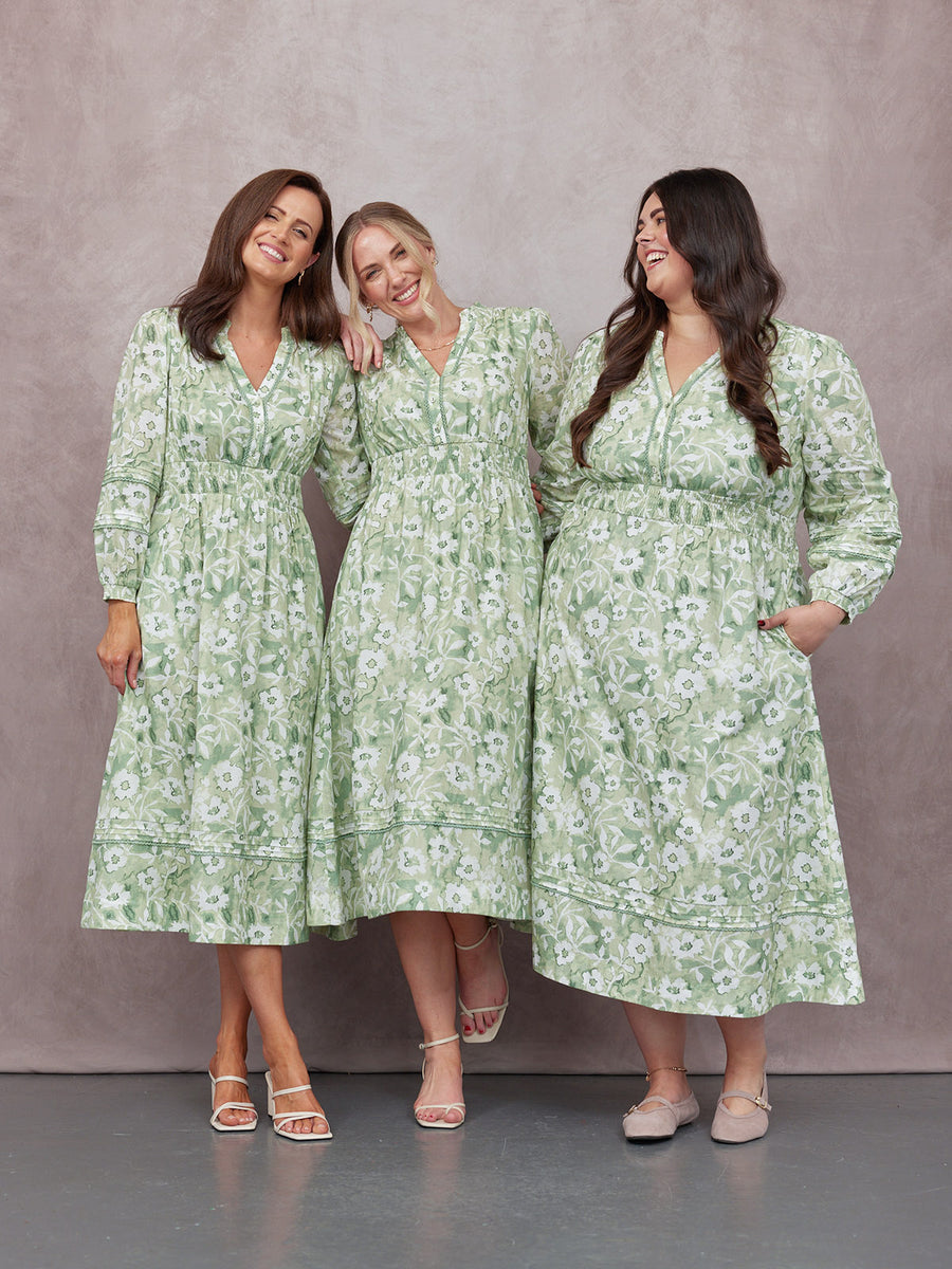 May Long Sleeve Shirred Neckline Dress - Green & White Watercolour Floral Print