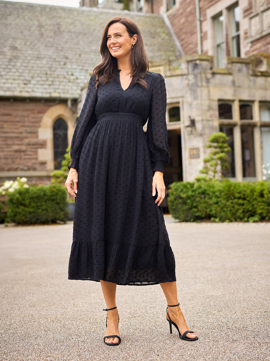 Jane Long Sleeve Georgette Spot Dress - Black