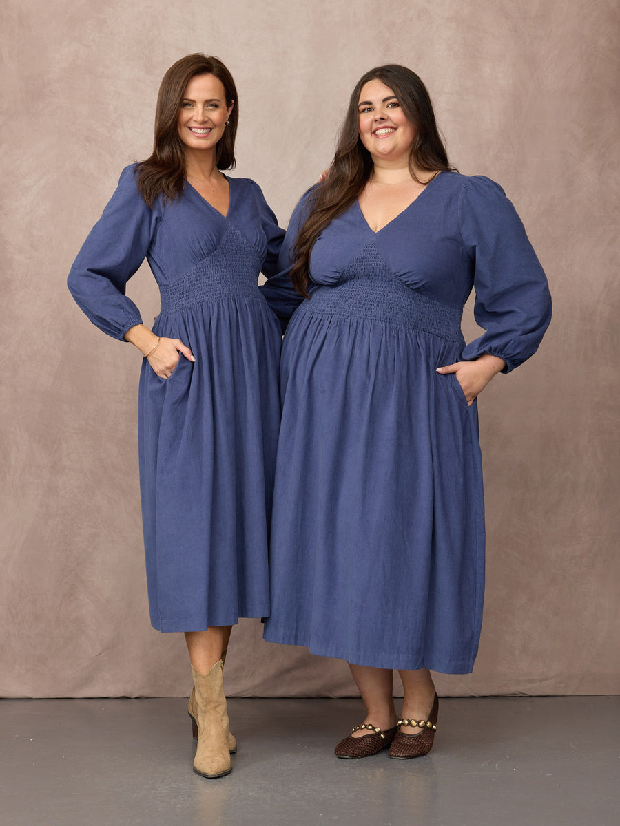 Maddie Long Sleeve Cord Dress - Blue