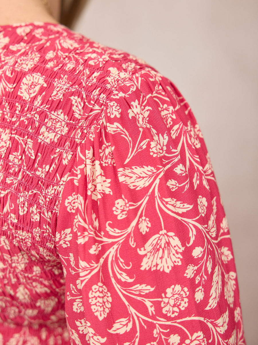 Jenny Shirred Bodice Dress - Pink Botanical Print