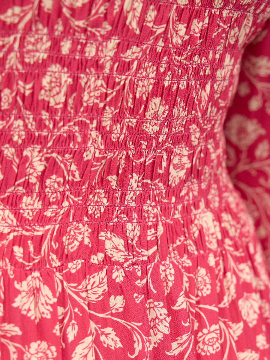 Jenny Shirred Bodice Dress - Pink Botanical Print