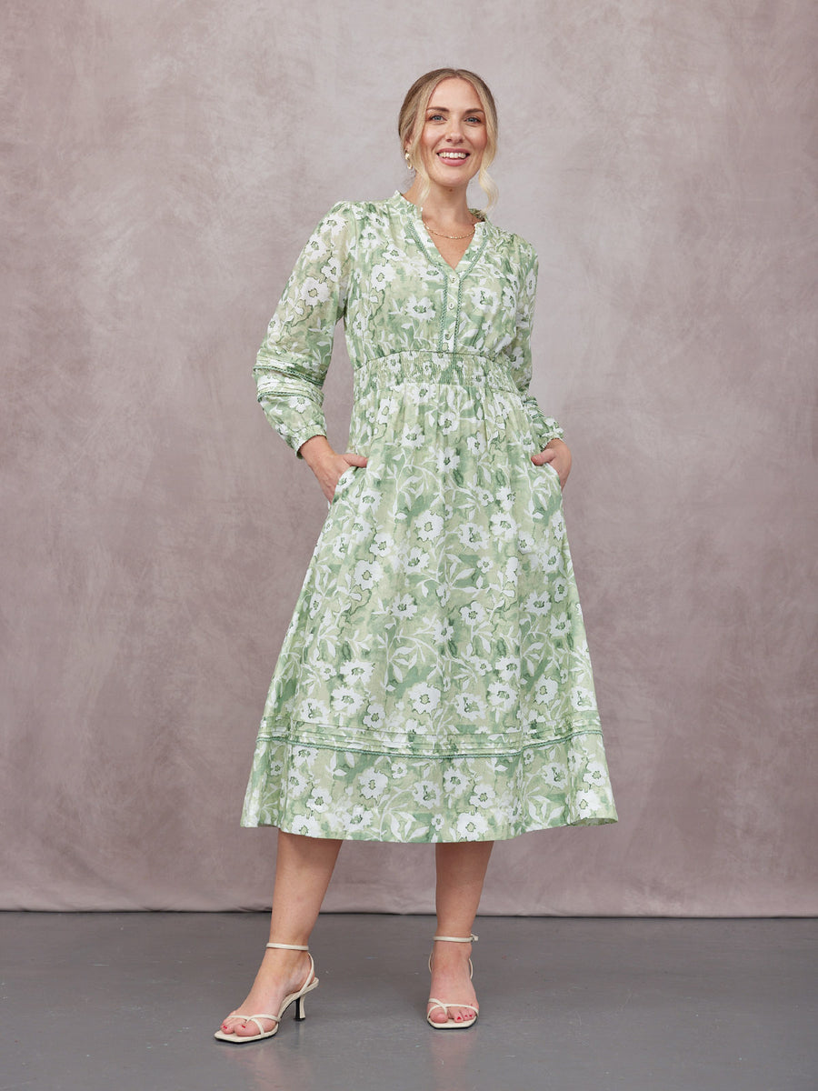 May Long Sleeve Shirred Neckline Dress - Green & White Watercolour Floral Print